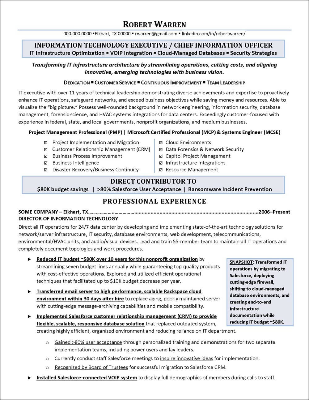 Vooruitzicht Menstruatie Oriënteren CIO Resume Example - Distinctive Career Services